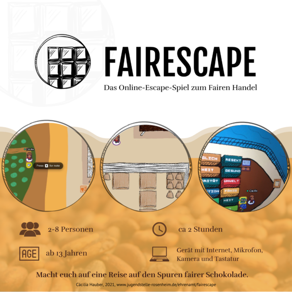 fairEscape das Online-Escape-Spiel. für 2-8 Personen ab 13 Jahren, Zeitbedarf 2 Stunden, Material: Gerät mit Internet, Mikrofon, Kamera und Tastatur